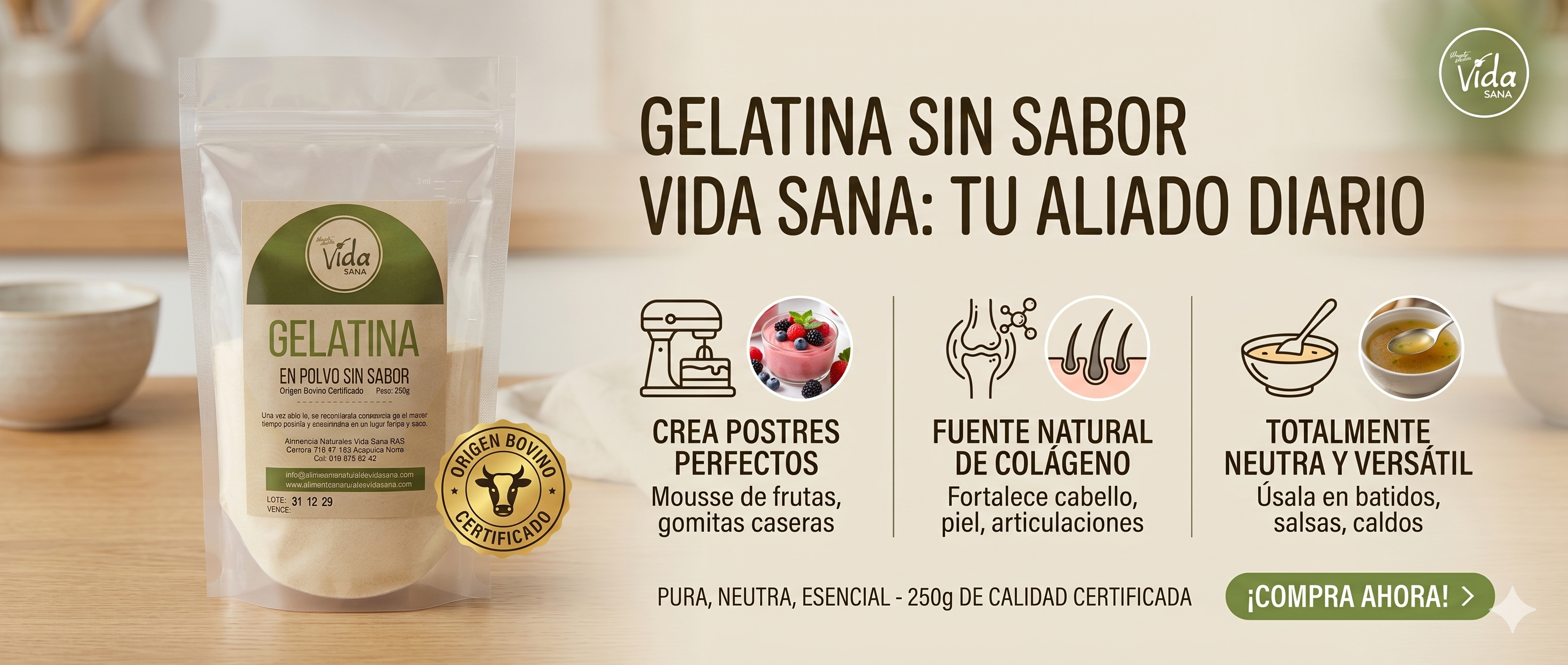 Gelatina Sin Sabor Vid-San de 250g
